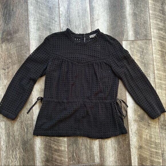 Point Sur J. Crew Black Eyelet Lace Top Long Sleeve Cinch Tie Waist 2 - Picture 5 of 11